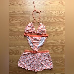 Y2K Deb Orange Geometric Bikini Set With Shorts Size 9